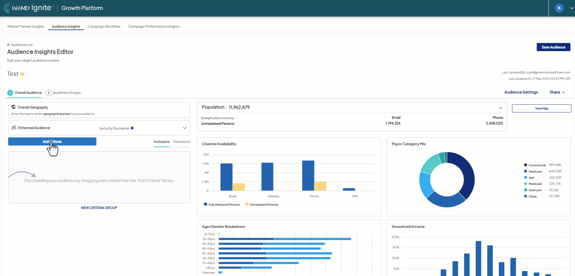 Demonstration of adding Channel Availability audience criteria, selecting Phone and SMS, and then selecting the Deduplicate Channels option.