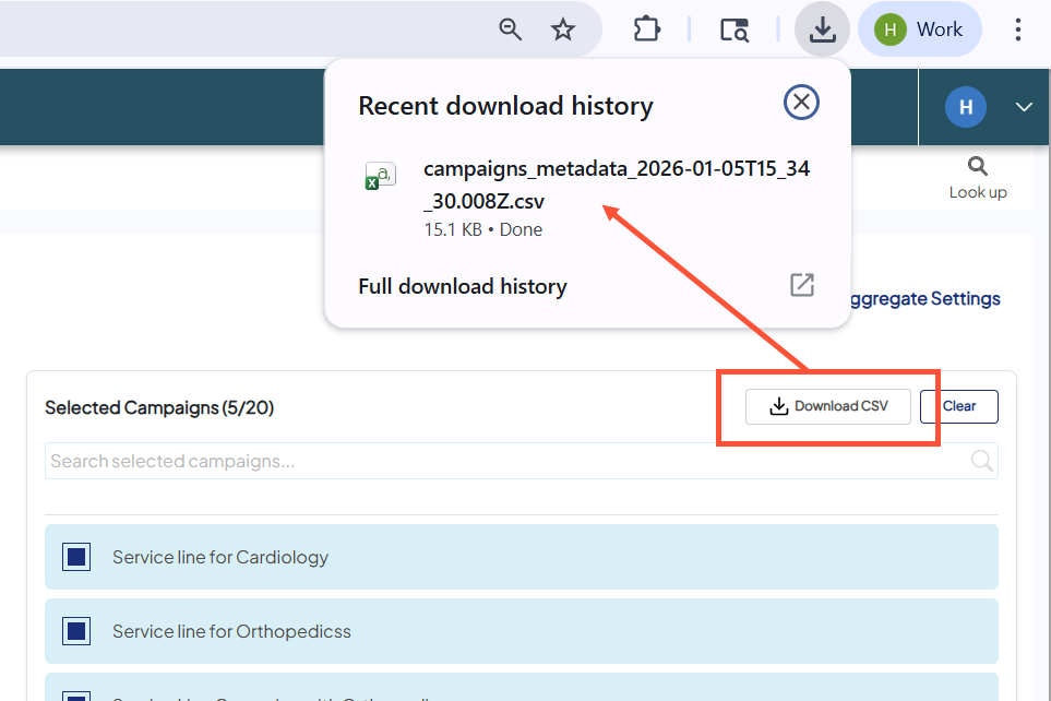 Screenshot of a sample Aggregate Report with the 'Download CSV' button highlighted. There is an arrow pointing from the button to the browser popup of a downloaded .csv file.