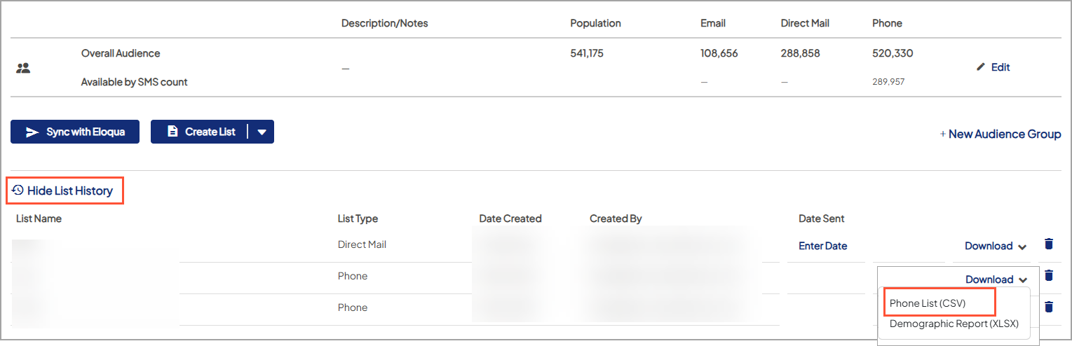 Screenshot of a sample set of lists. The 'Hide List History' above the set of lists is highlighted. The 'Download' option is expanded next to a list, and the 'Phone List (CSV)' option inside the dropdown is also highlighted.