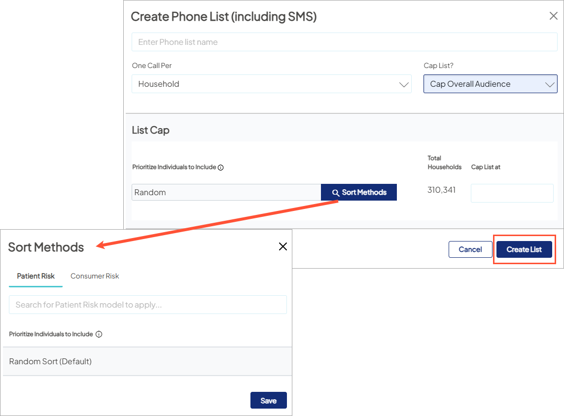 Adjacent screenshots of the Sort Methods button and the Sort Methods window. An arrow indicates that clicking the button opens the window on the user's screen.