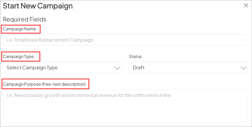 Screenshot of the Start New Campaign window with the required fields highlighted