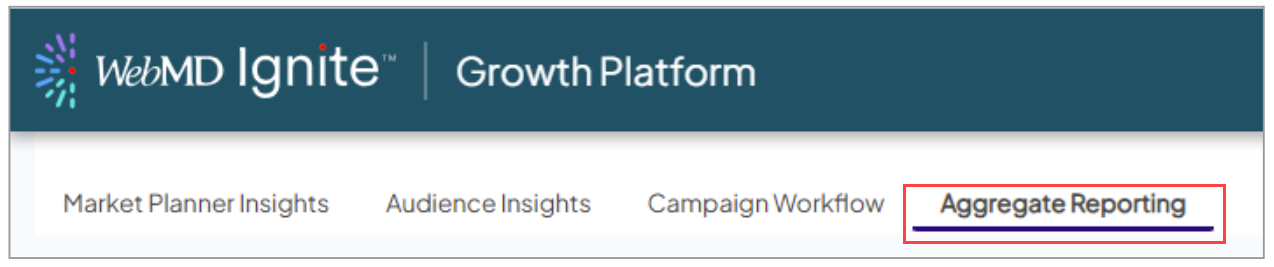 Screenshot of the four main tabs in Ignite Growth Platform. The Aggregate Reporting tab is highlighted.