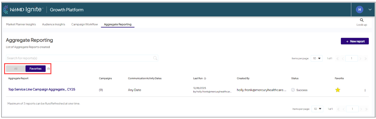 Screenshot of a sample Aggregate Reporting screen 