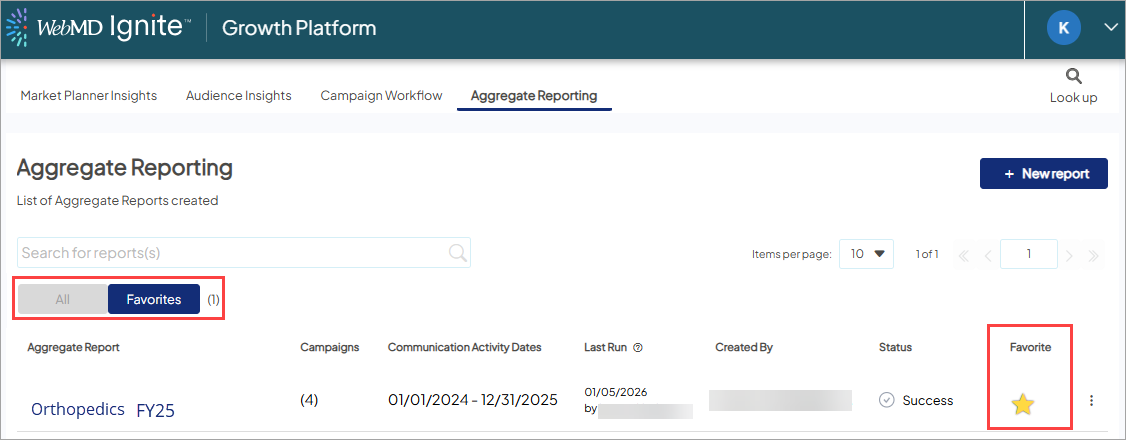 Screenshot of a sample list of aggregate reports created on the Aggregate Reporting tab. The 'All' or 'Favorites' toggle is highlighted. The 'Favorite' column is also highlighted and a sample report displays a yellow star, indicating it has been favorited.