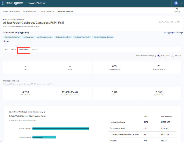 Screenshot of the Downstream tab in a sample Aggregate Reporting screen. The 'Downstream' tab itself is highlighted. The Downstream Detail metrics and Downstream Visits by Service Subcategory bar charts are visible.