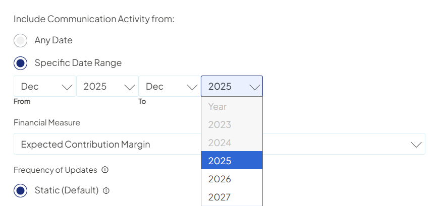 Screenshot of the 'Include Communication Activity from:' option list with 'Specific Date Range' selected. The user is shown selecting the end year.