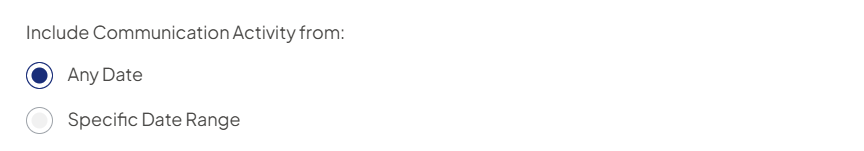 Screenshot of the 'Include Communication Activity from:' option list with 'Any Date' selected.