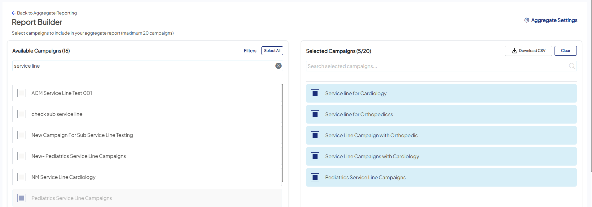 Screenshot of a sample Report Builder screen with a number of campaigns selected. The screen shows a list of Available Campaigns on the left, and Selected Campaigns on the right.