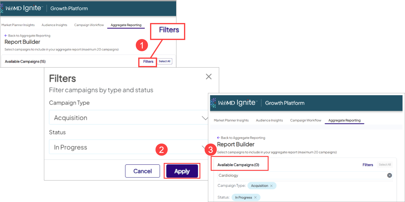 Three adjacent screenshots showing three steps. Step 1 highlights the 'Filters' link on the Report Builder page. Step 2 highlights the 'Apply' button on the Filters list. Step 3 highlights the 'Available Campaigns' header over the list of matching results.
