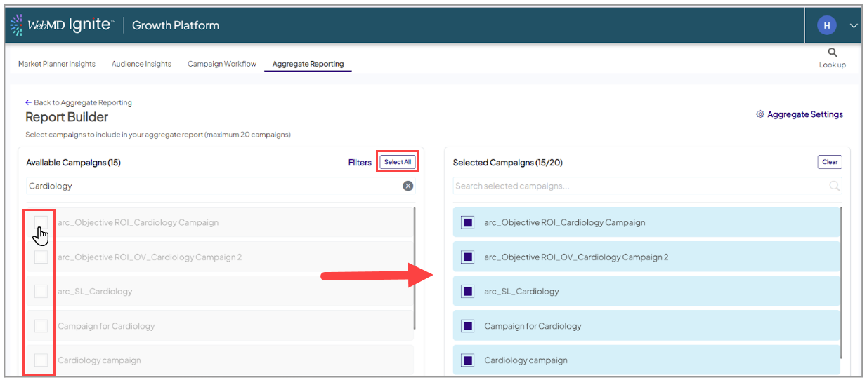 Screenshot ot a sample Report Builder page. The 'Select All' button is highlighted. The column of checkboxes next to each individual campaign is also highlighted. The screenshot indicates you can select the first 20 campaigns with the 'Select All' button or select campaigns individually. There is a red arrow indicating that selected campaigns move over to the 'Selected Campaigns' list.