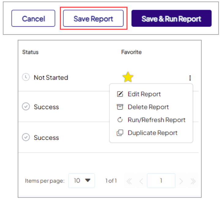 Screenshots arranged vertically. The top screenshot shows a series of buttons with the 'Save Report' button highlighted. The bottom screenshot shows two columns from the report list: Status and Favorite. The 'more' menu is open next to one of the items in the list, displaying the Edit Report, Delete Report, Run/Refresh Report, and Duplicate Report options.
