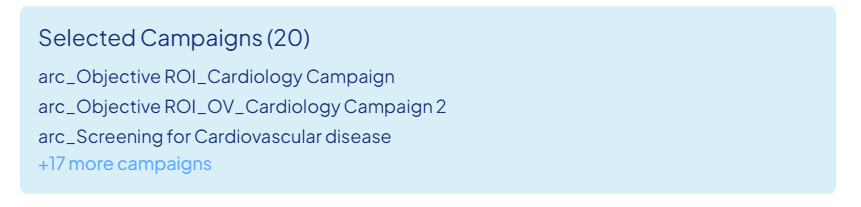 Screenshot of a sample list of selected campaigns. Twenty campaigns are selected.