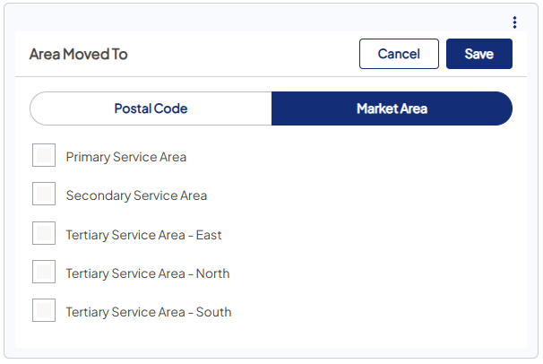 Screenshot of a sample Area Moved To filter with Market Area selected and the Market Area options showing.