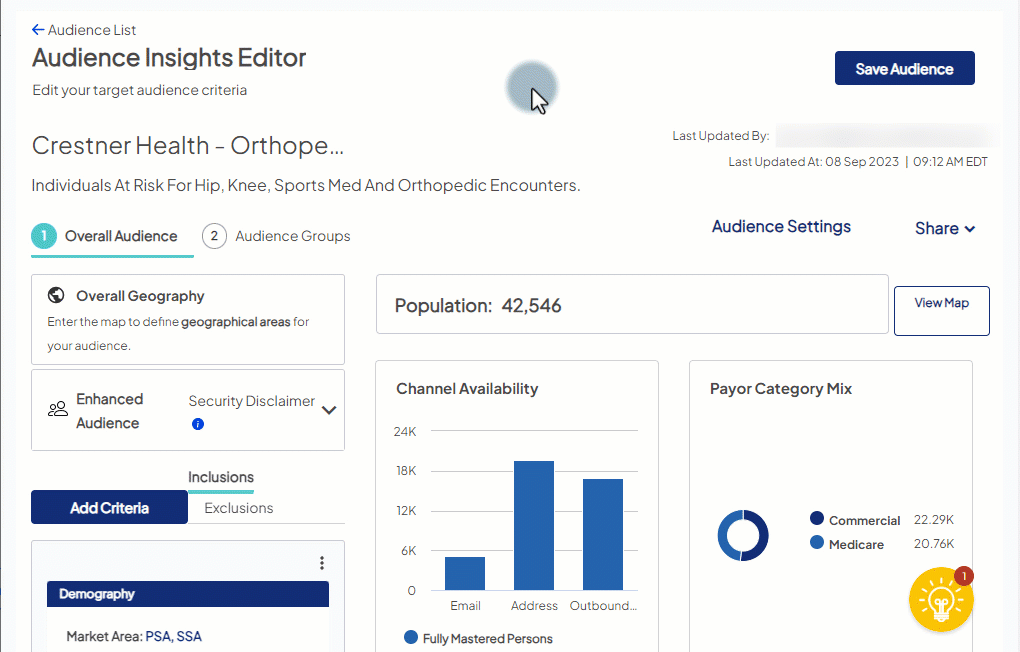Demostration of clicking Share, then Criteria Summary on an audience and copying the summary
