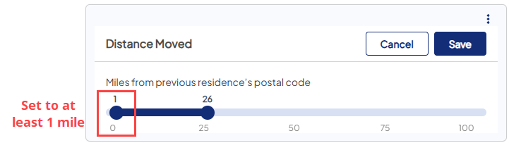Screenshot of the Distance Moved filter set to 1 through 26. There is a callout box indicating that this filter needs to be set to at least 1 mile if used.