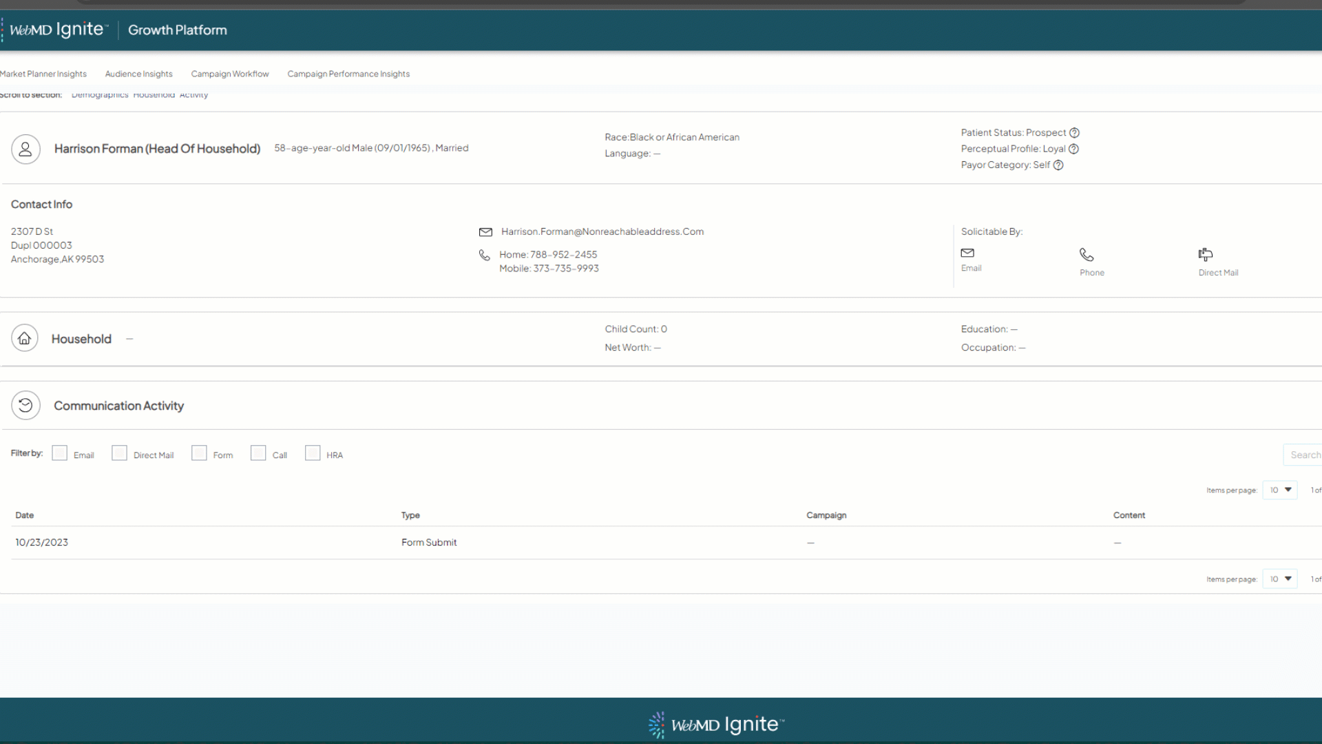 Screencapture highlighting the Communication Activity section of a Head of Household record