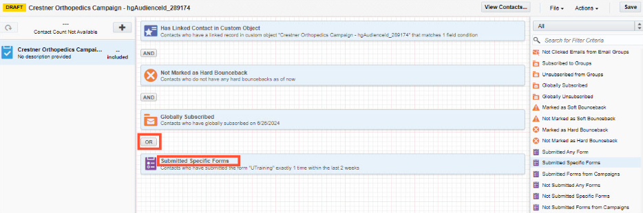Screenshot in Eloqua highlighting a Submitted Specific Forms attribute that can still be used if no masterable data was collected and no URL parameters are present