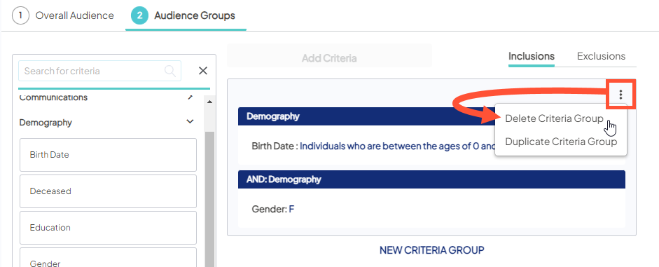 Screenshot showing the Delete criteria group option in Audience Insights