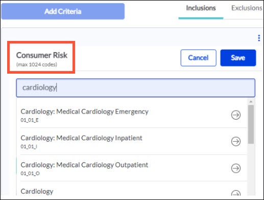 Screenshot showing the addition of cardiology Consumer Risk criteria to an audience. The 'Consumer Risk' header is highlighted.