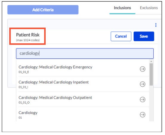 Screenshot showing the addition of cardiology Patient Risk criteria to an audience. The 'Patient Risk' header is highlighted.