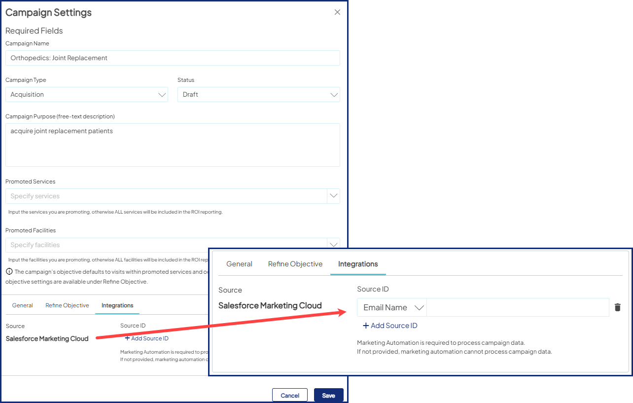 Side by side screenshots of the full Campaign Settings form and Integrations tab in focus. A red arrow points to the Source ID field set to Email Name.