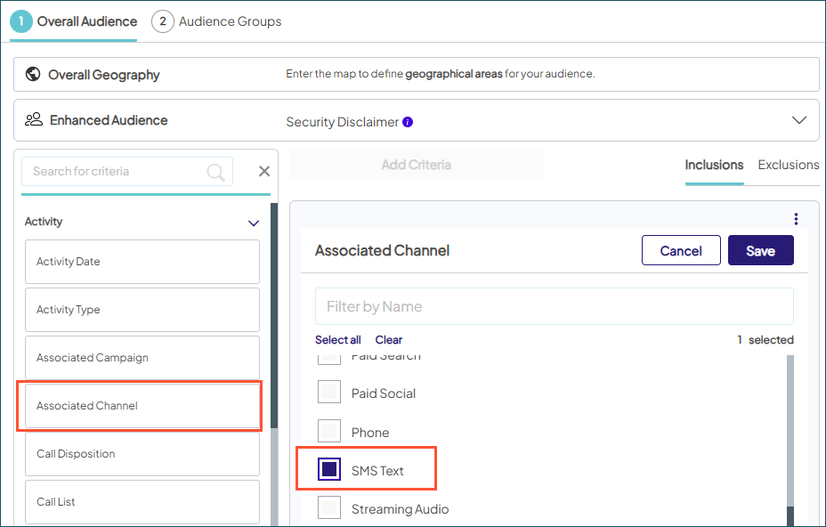 Screenshot of the Associated Channel criteria filter highlighted on a sample Overall Audience page with the SMS Text sub-filter also highlighted.