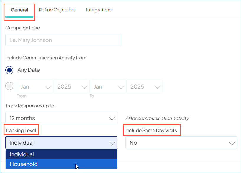 Sample screenshot with the General tab selected and the Tracking Level and Include Same Day Visits fields highlighted.