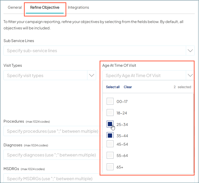 Sample screenshot with the Refine Objectives tab selected and the Age at Time of Visit field highlighted.