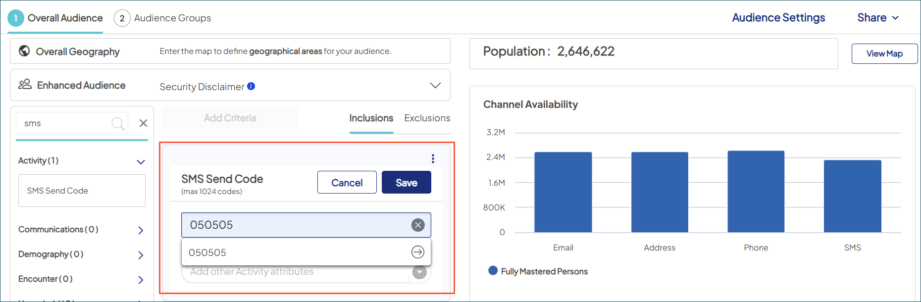 Screenshot showing how to set the SMS Send Code criteria filter value to 050505.