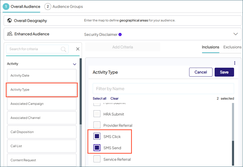 Screenshot of an Activity Type criteria filter selected with SMS Click and SMS Send sub-filters highlighted.