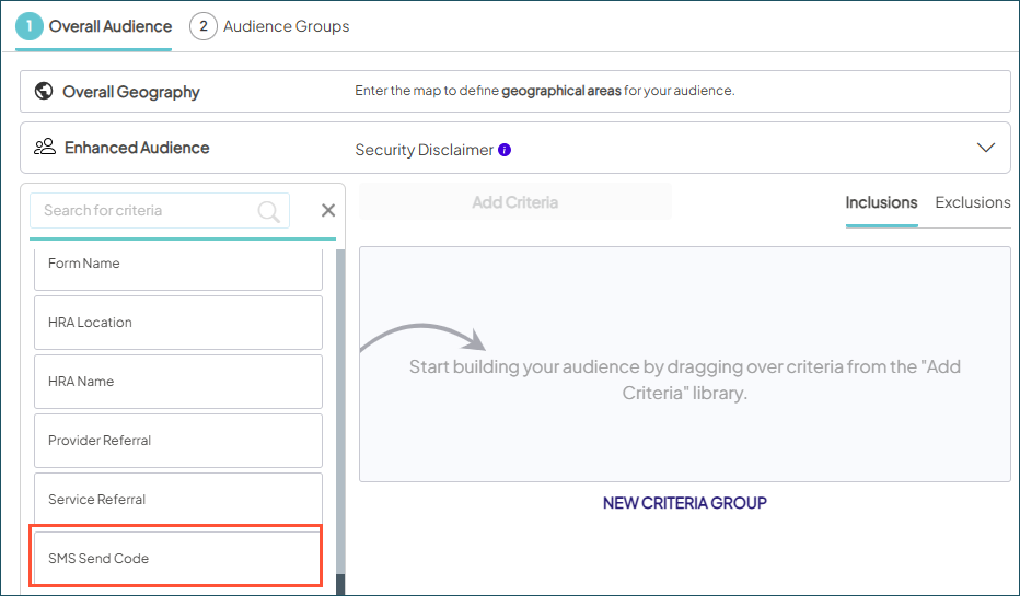 Screenshot of a sample Overall Audience tab with the SMS Send Code criteria filter highlighted.