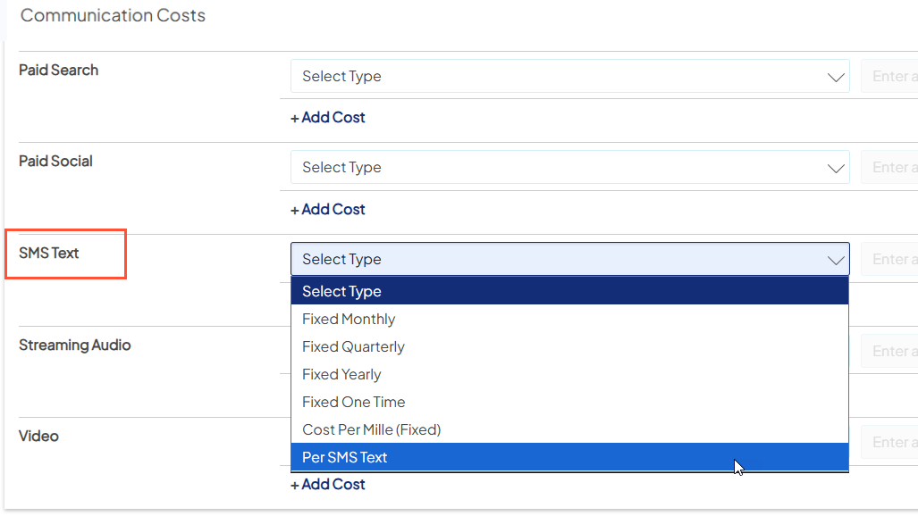 Screenshot of a sample Communication Costs section of a campaign with the SMS Text field highlighted. The dropdown options are visible, and the cursor is hovering over the Per SMS Text option.