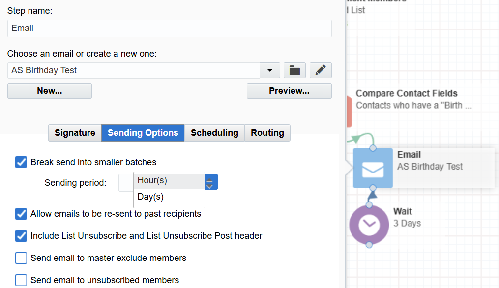 Screenshot in Eloqua focused on the options for an email step in a campaign. The Sending period dropdown is open, and the Hours value is highlighted.