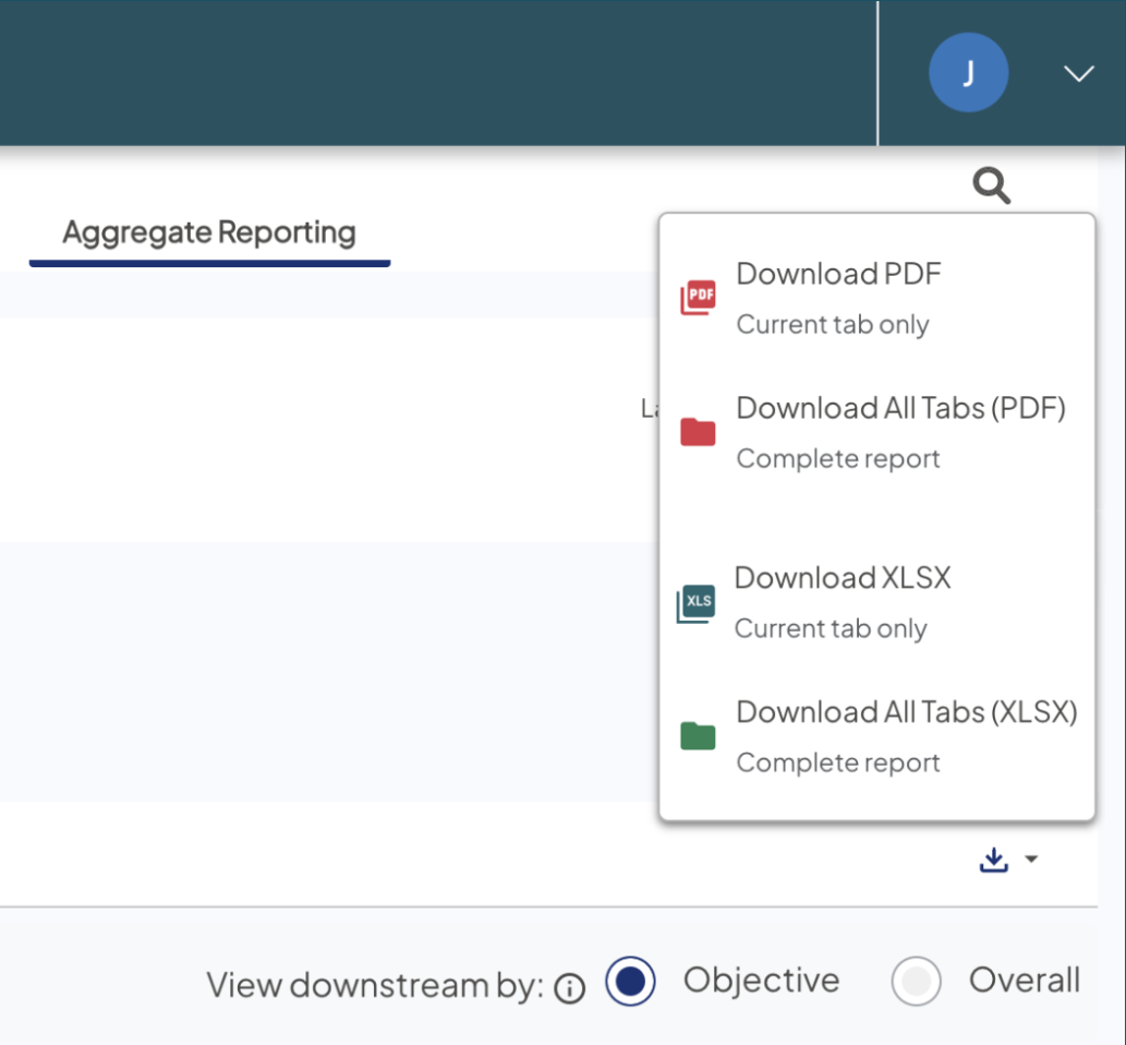 Screenshot of a sample Aggregate Reporting page with the Download options revealed in the top right.
