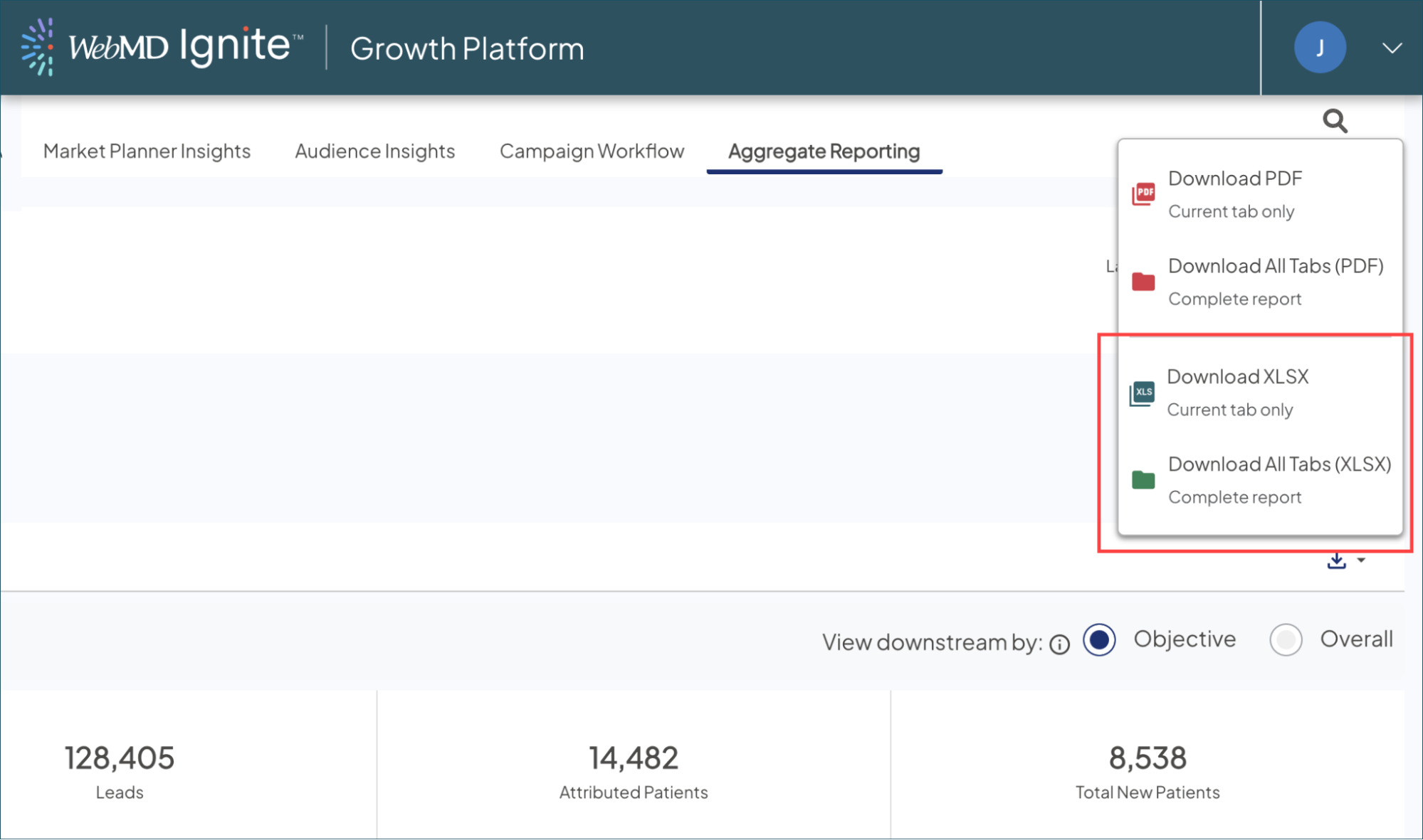 Screenshot of a sample Aggregate Reporting page with the Download options revealed in the top right. The Download XLSX and Download All Tabs (XLSX) options are highlighted.
