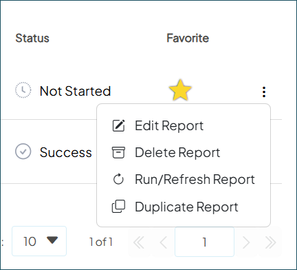 Screenshot of the actions menu expanded next to a sample aggregate report that has not yet been run. All options - Edit Report, Delete Report, Run/Refresh Report, and Duplicate Report - are accessible.