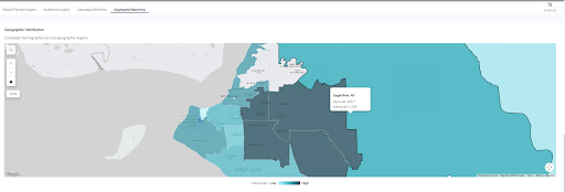 Screenshot of a sample demographic map in the Reach tab. The map shows some sections of Alaska in darker shades of green than others, indicating that there were more individuals reached in those areas.