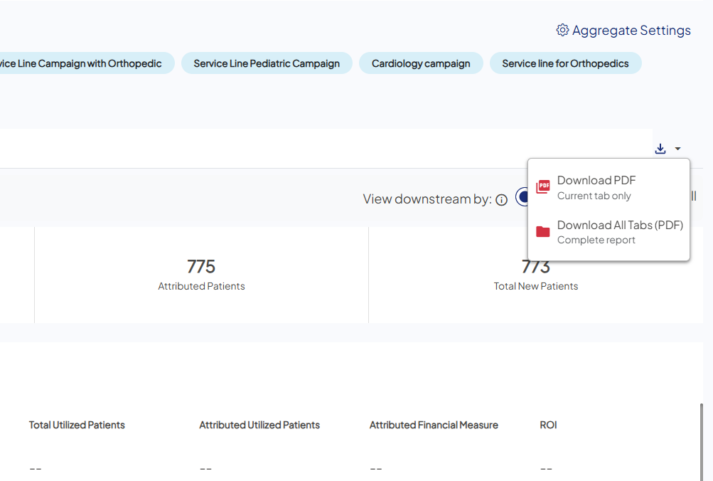 Screenshot of a section of a sample Aggregate Reporting screen. The download option is expanded toward the left side, showing two download options: Download PDF, which downloads the current screen; or Download All Tabs (PDF), which downloads all four reporting screens (ROI, Reach, Downstream, and Trending).