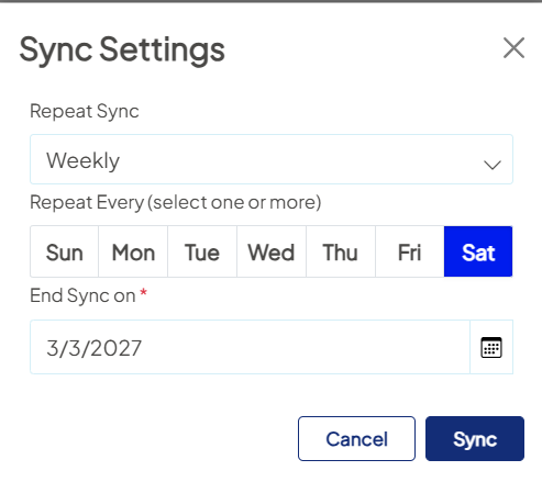Screenshot of a sample Sync Settings window with the 'End Sync on field' populated.