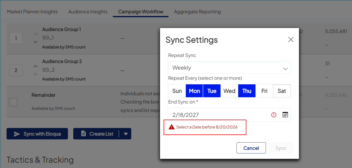 Screenshot of a sample Sync Settings window in Campaign Workflow. Beneath the End Sync on field, there is alert text highlighted. The alert text states 'Select a Date before 8/20/2026'.