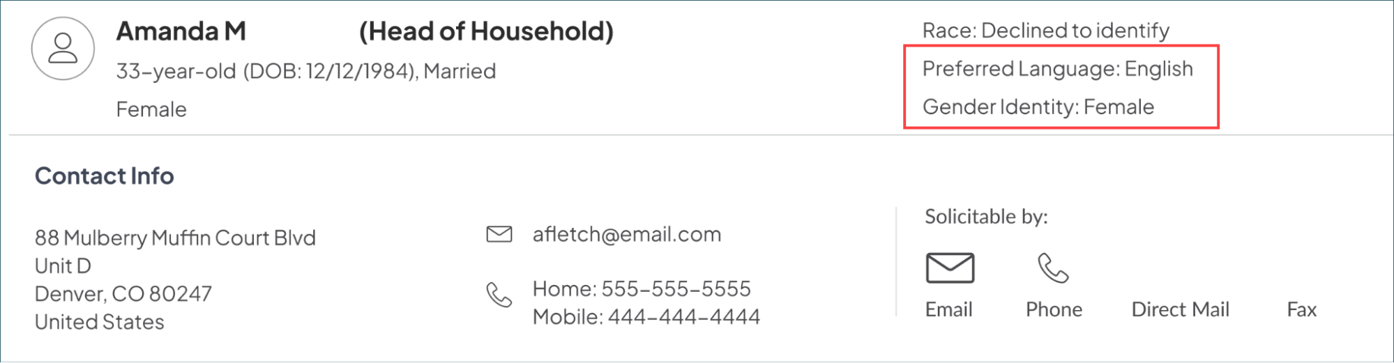 Screenshot of a sample contact in Ignite Growth Platform. The new Preferred Language and Gender Identity fields are highlighted in the top right.