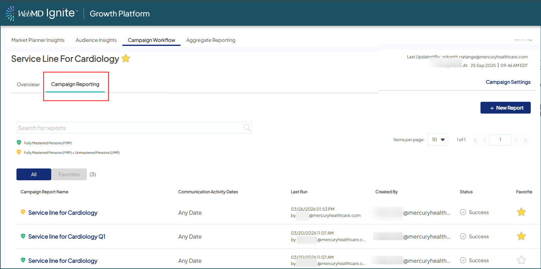 Screenshot of the Campaign Reporting tab in Campaign Workflow.