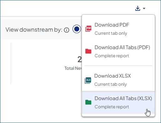 Screenshot of the download options expanded on a sample report. The cursor is hovering over the Download All Tabs (XLSX) option.