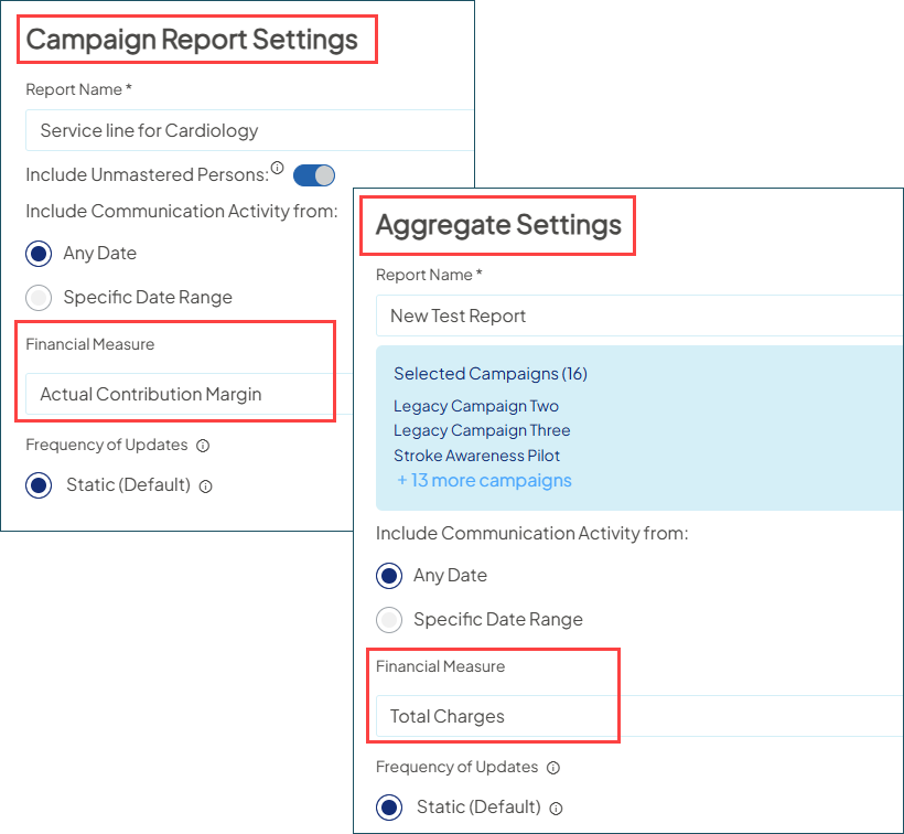 Side by side screenshots of the Campaign Report Settings and Aggregate Settings screens. The Financial Measure field is highlighted in both screens.