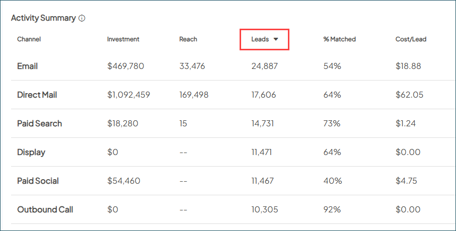 Screenshot of a sample Activity Summary screen with the Leads header highlighted.
