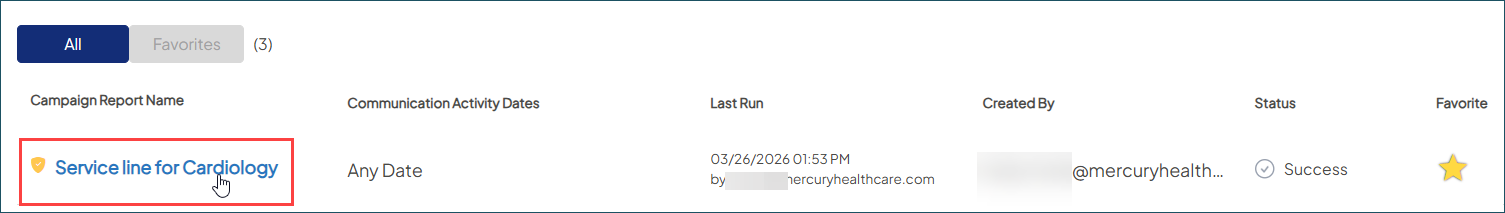Sample saved report highlighted in the list. The report name can be clicked to view at any time.