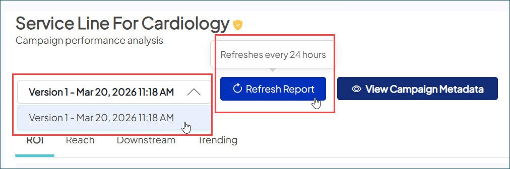 Screenshot of a sample saved report with the Versions dropdown expanded and the Refresh Report button highlighted.