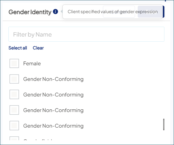 Screenshot of the Gender Identity options when setting target audience criteria. The definition of 'Gender Identity' is displayed as a popup near the information icon. The user can hover over the information icon to show the definition.